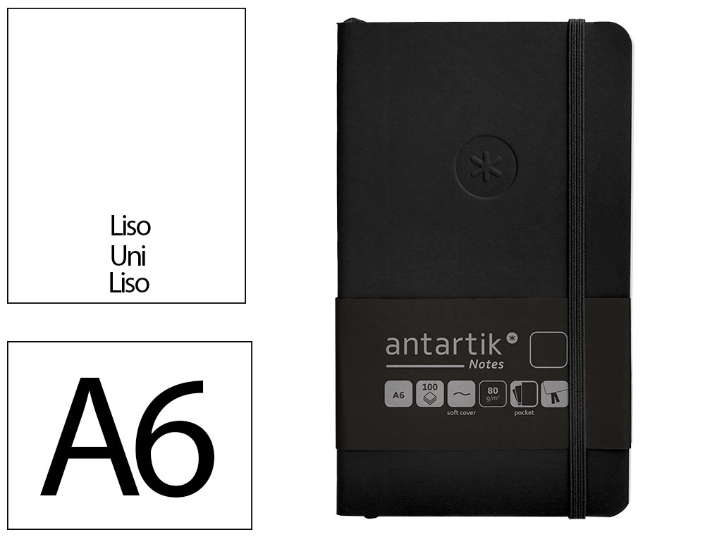 CARNET A6 ANTARTIK NOTES PAPIER UNI IVOIRE COUVERTURE  SOUPLE FERMETURE ELASTIQUE 100PAGES 80GR COLORIS NOIR