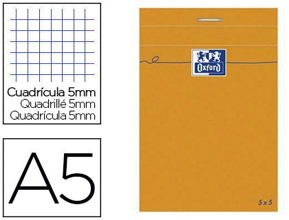 BLOC BUREAU OXFORD A5 PAPIER VLIN SURFIN AGRAF EN TTE COUVERTURE ENVELOPPANTE 148X210MM80F 80G 5X5MM 160 PAG ORANGE