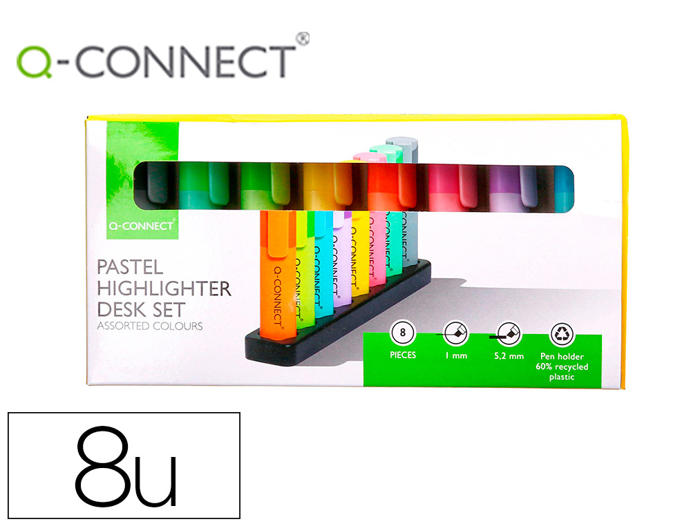 SURLIGNEUR Q-CONNECT FLUORESCENT PASTEL POINTE     BISEAUTEE ETUI DE BUREAU 8    COLORIS ASSORTIS