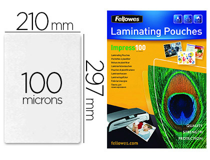 POCHETTE PLASTIFICATION FELLOWES  CHAUD POLYESTER TRANSPARENT RSISTANT EAU FORMAT A4 100 MICRONS BOTE 100 UNITS