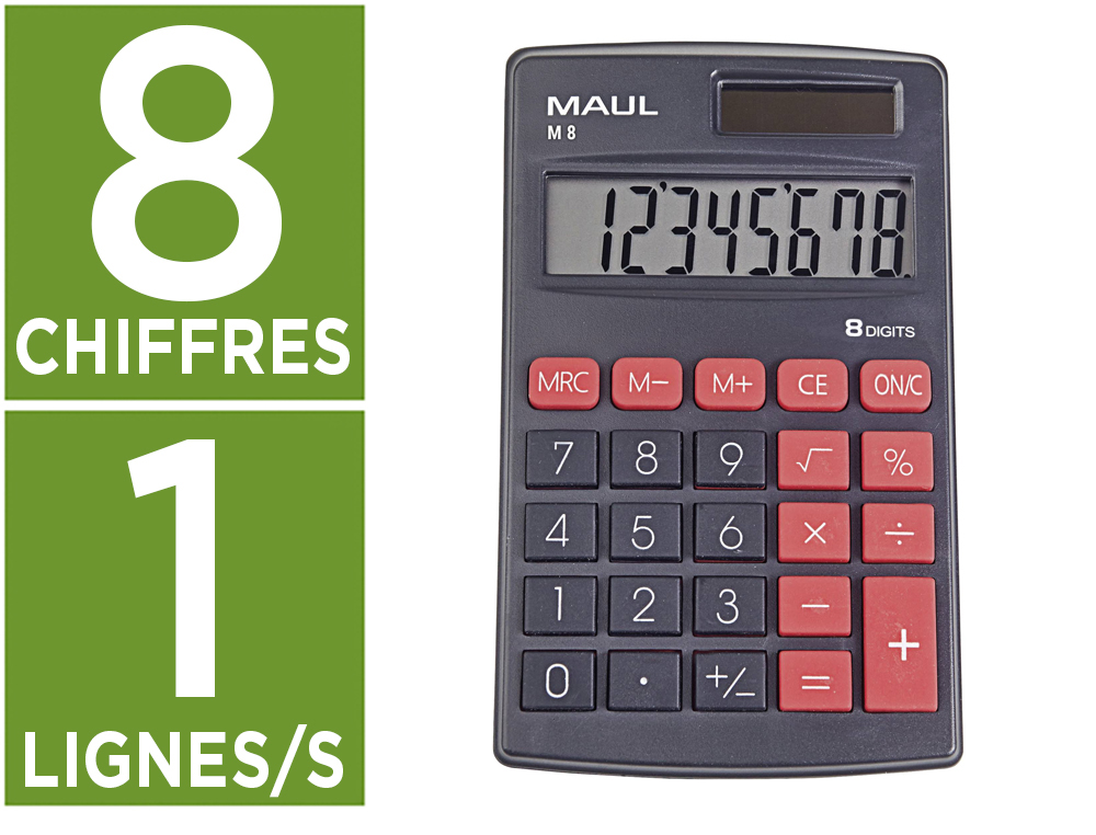 CALCULATRICE MAUL POCHE M8 8 CHIFFRES ECRAN 1 LIGNE 3 TOUCHES MEMOIRES TOUCHE POURCENTAGE CALCUL RACINES COLORIS NOIR