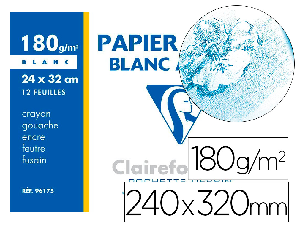 PAPIER DESSIN CLAIREFONTAINE BLANC GRAIN FIN 180G A4+ 24X32CM ENCRE GOUACHE FEUTRE FUSAIN POCHETTE 12 FEUILLES