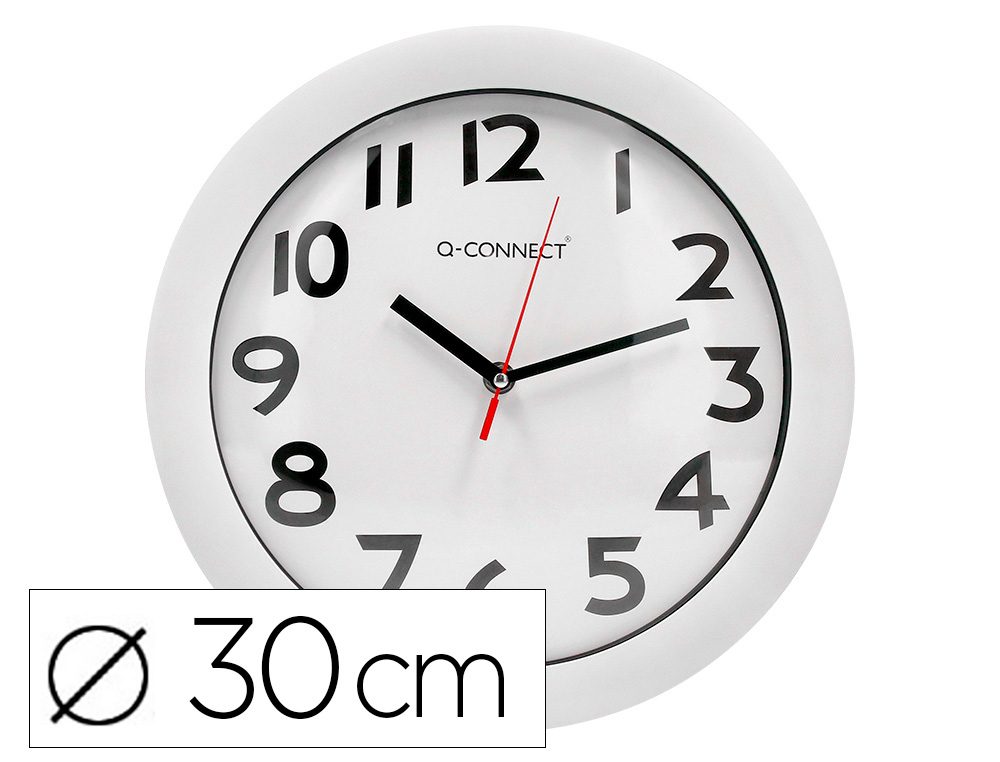 HORLOGE Q-CONNECT MURALE PLASTIQUE DESIGN ACTUEL NUMROS NOIRS FOND BLANC 1 PILE AA NON FOURNIE DIAMTRE 30CM BLANC